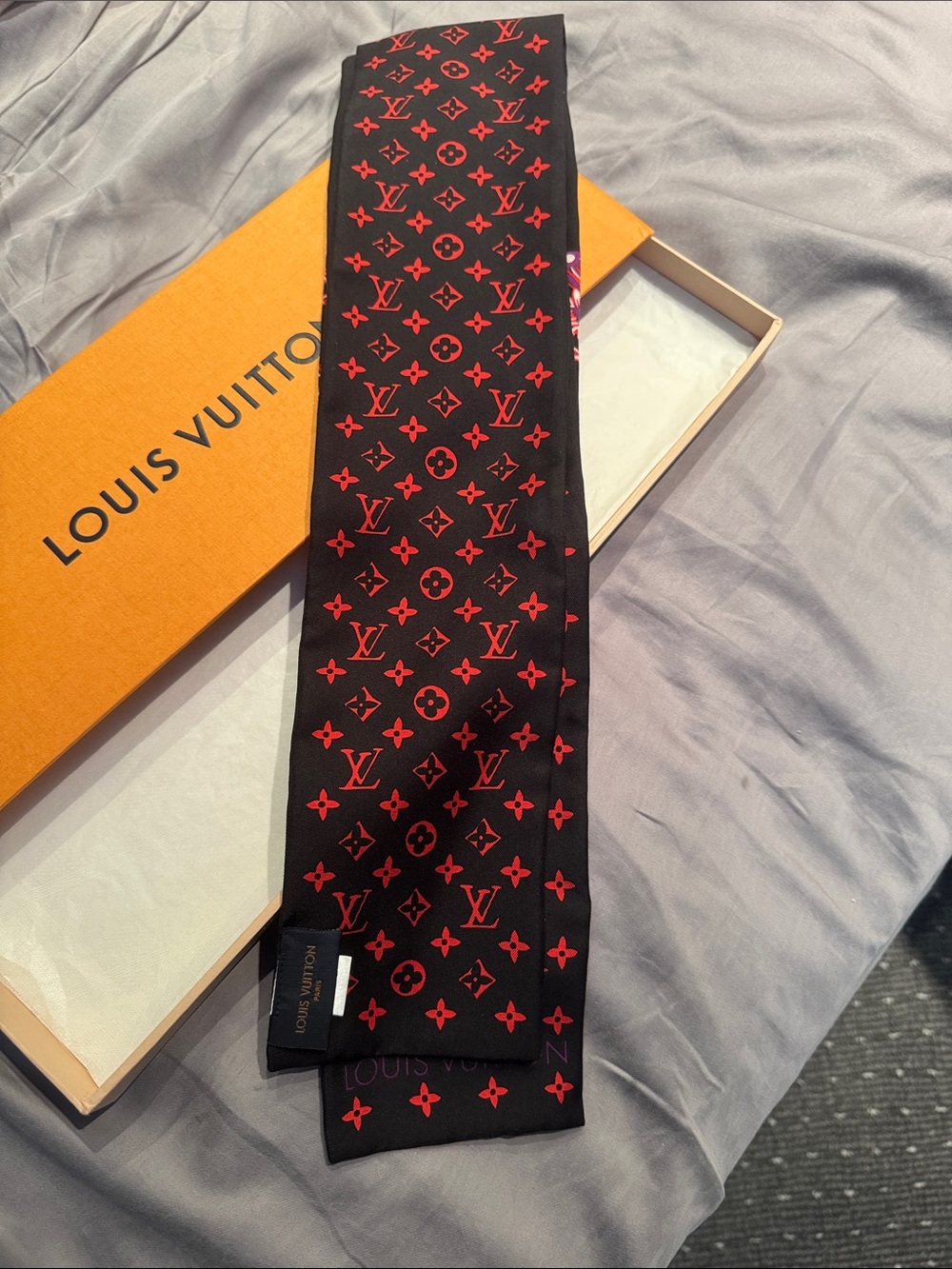 Louis Vuitton Black, Red & Pink Floral Silk Twilly Scarf - Picture 2 of 4